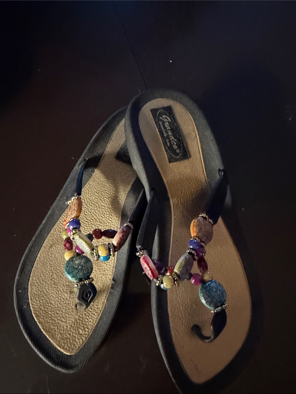 Beaded Thong Sandals in Black with Multicolor Accents